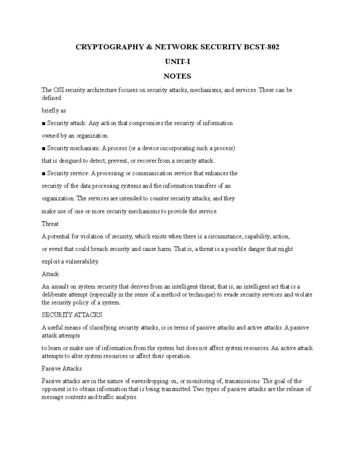 Cns Unit-i&ii - Cryptography & Network Security Bcst- 802 Unit-i Notes 