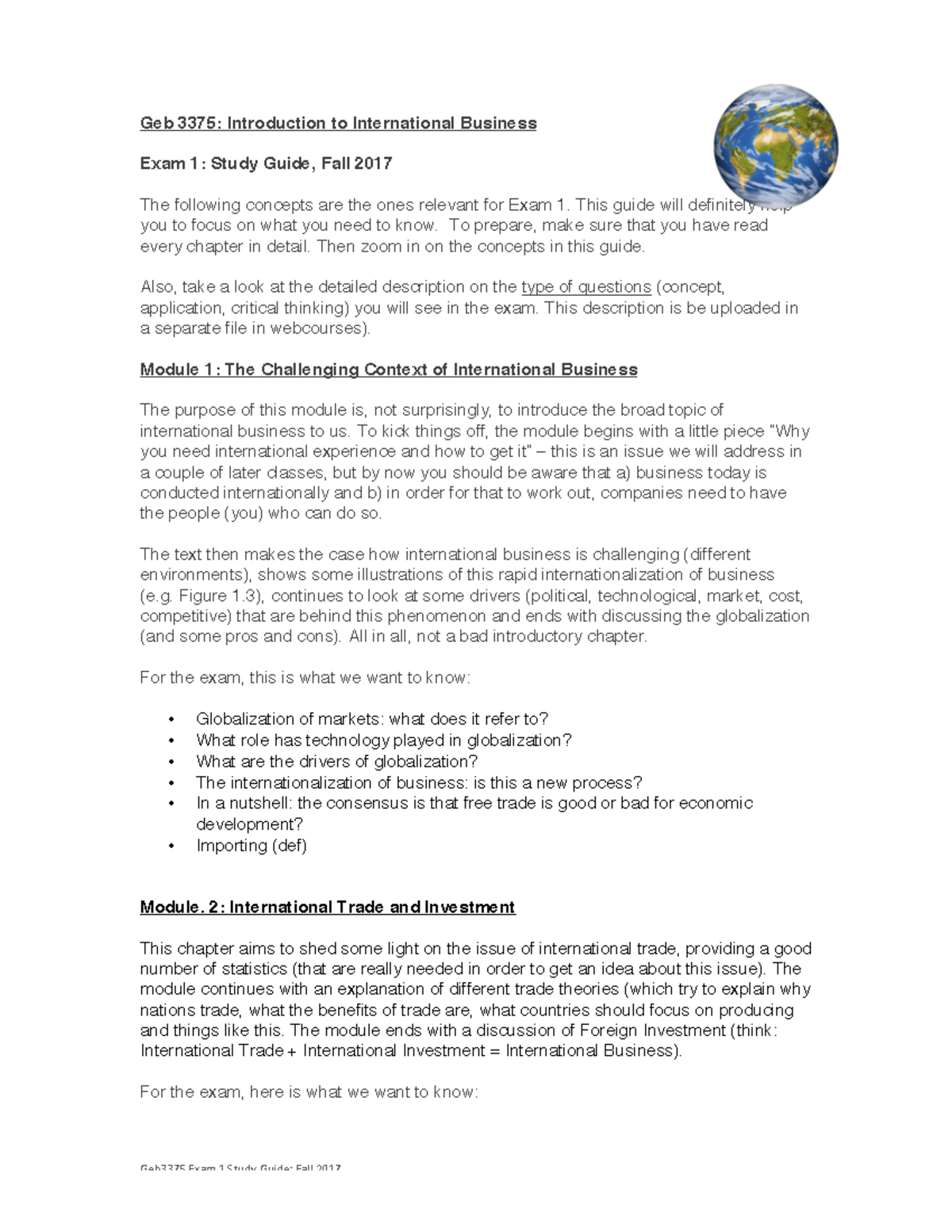 GEB 3375 Study Guide Exam 1 - Geb 3375: Introduction to International ...