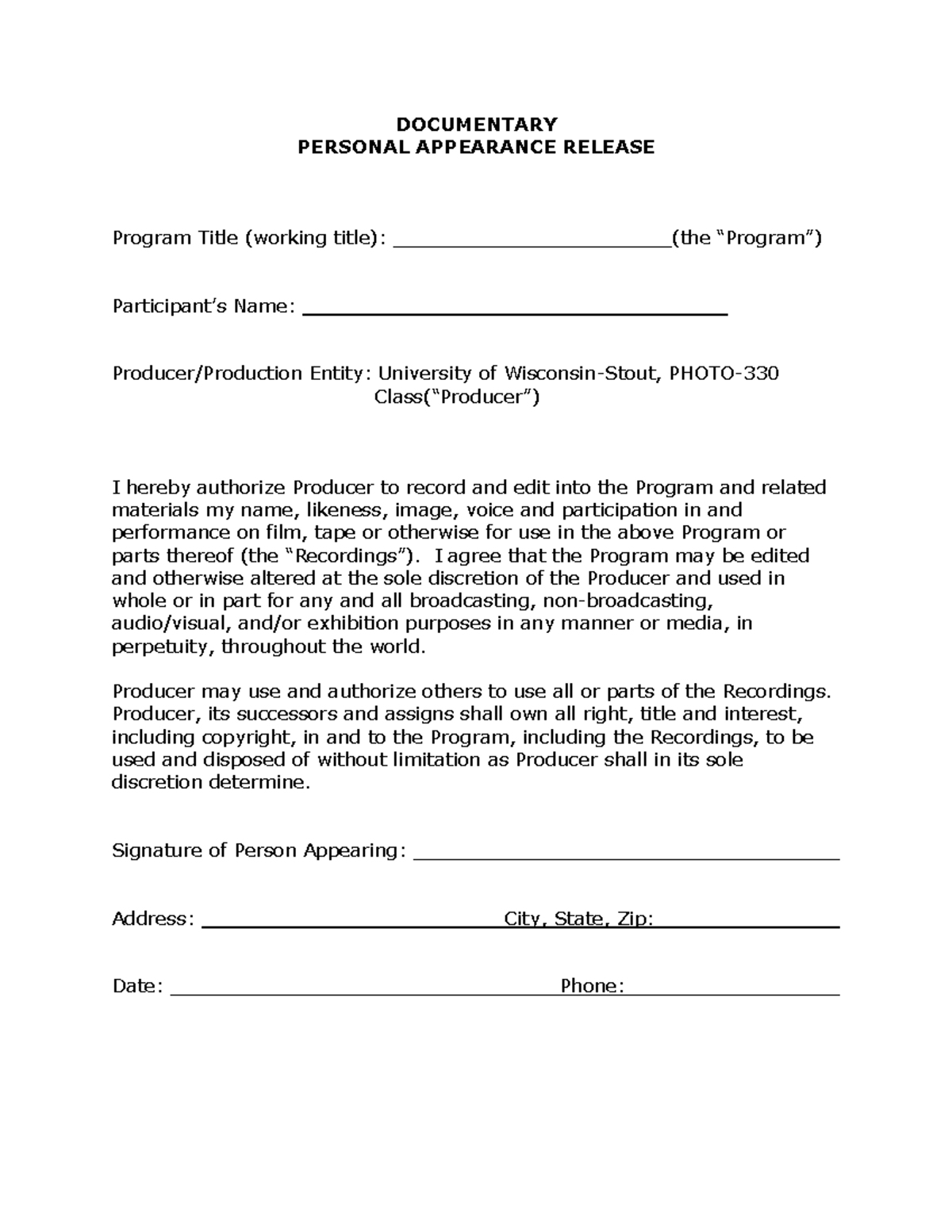 Model Release Form - DOCUMENTARY PERSONAL APPEARANCE RELEASE Program ...