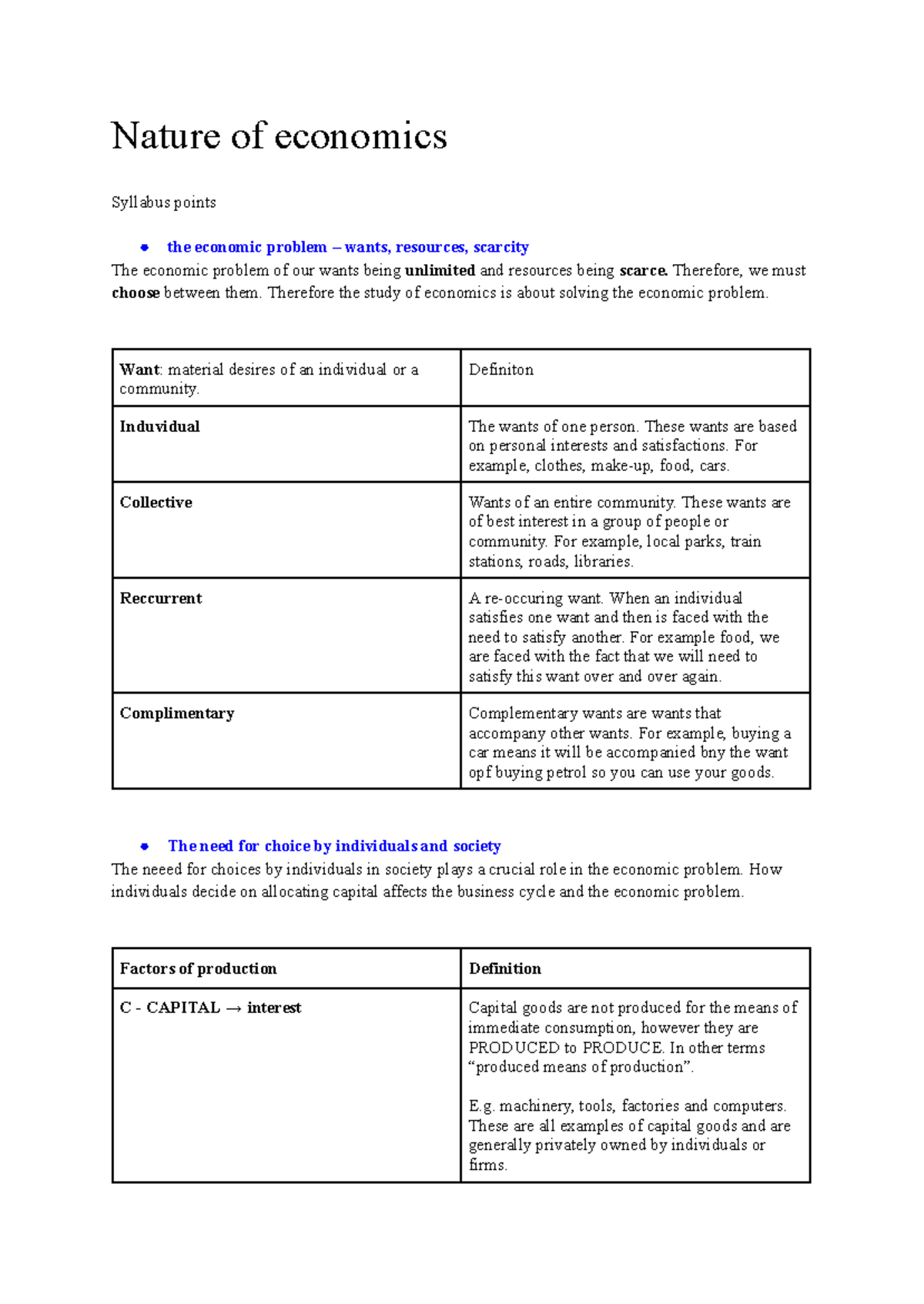 Term 1 economics notes - Nature of economics Syllabus points the ...
