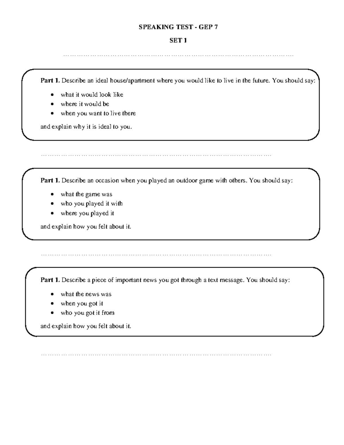 Speaking - GEP7 - Students - Set 1 - SPEAKING TEST - GEP 7 SET 1 - Studocu