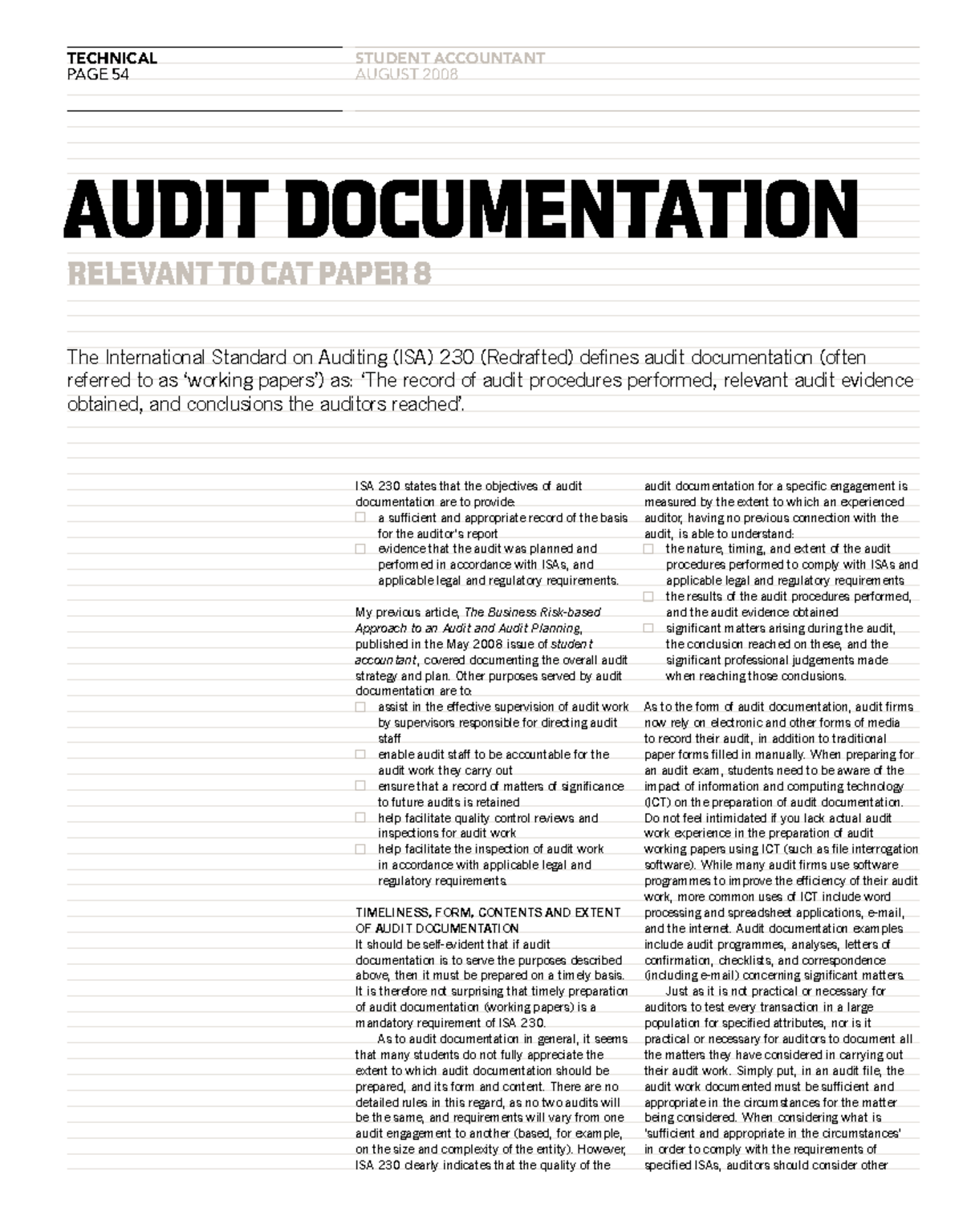 ISA 230 - ACCA - Audit standard. - technical page 54 student accountant ...
