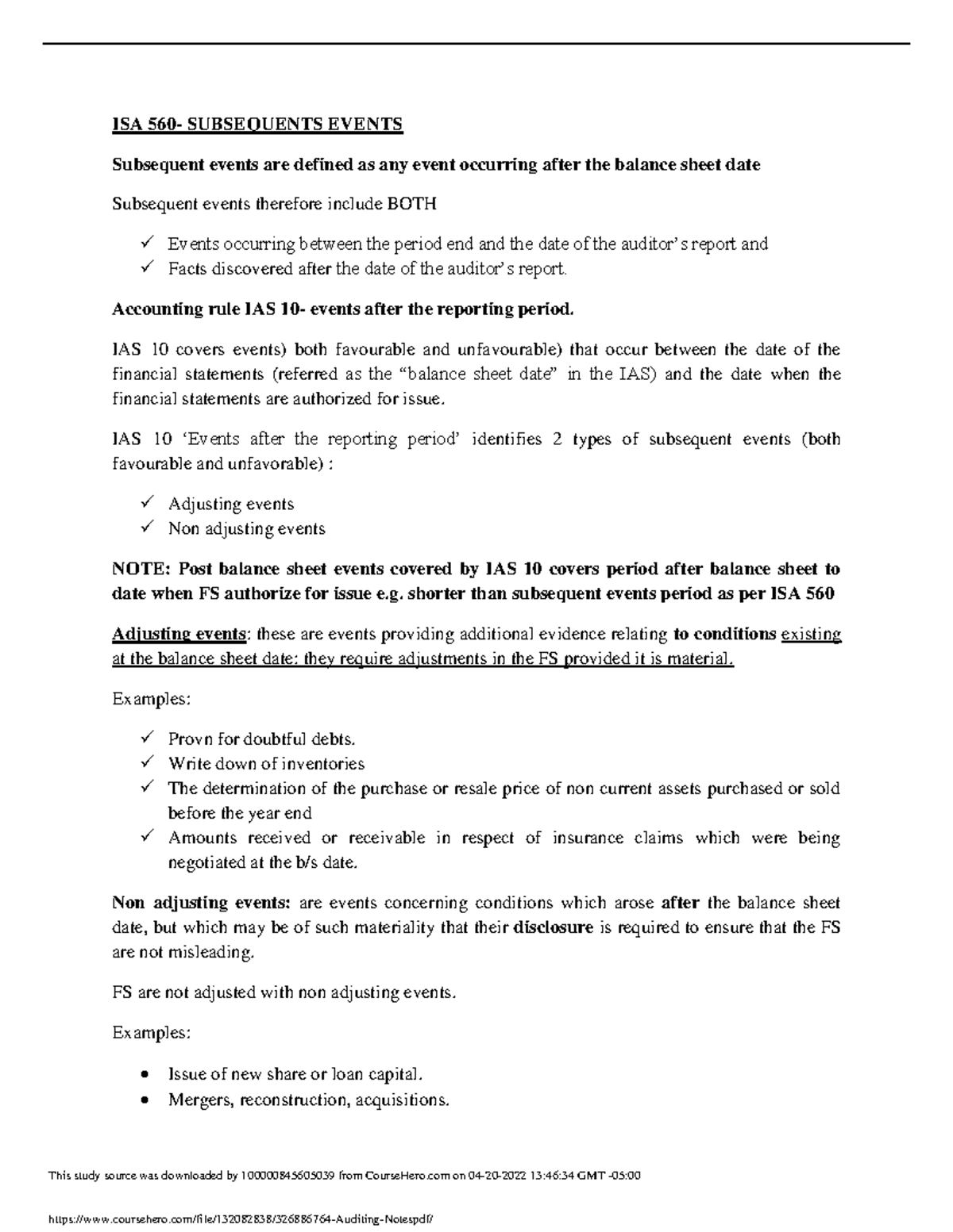 326886764 Auditing Notes - ISA 560- SUBSEQUENTS EVENTS Subsequent ...