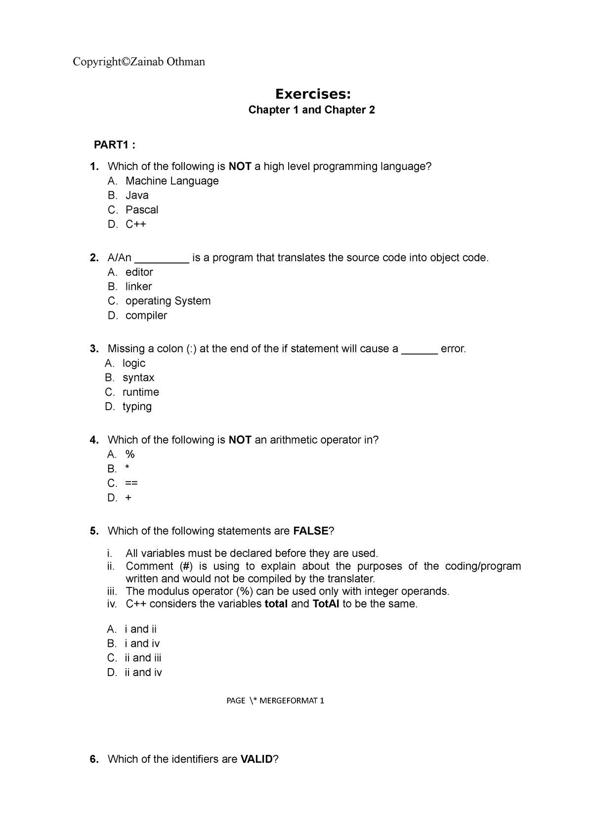 Contoh 2 Soalan Chapter 1 And 2 1 - Exercises: Chapter 1 And Chapter 2 ...