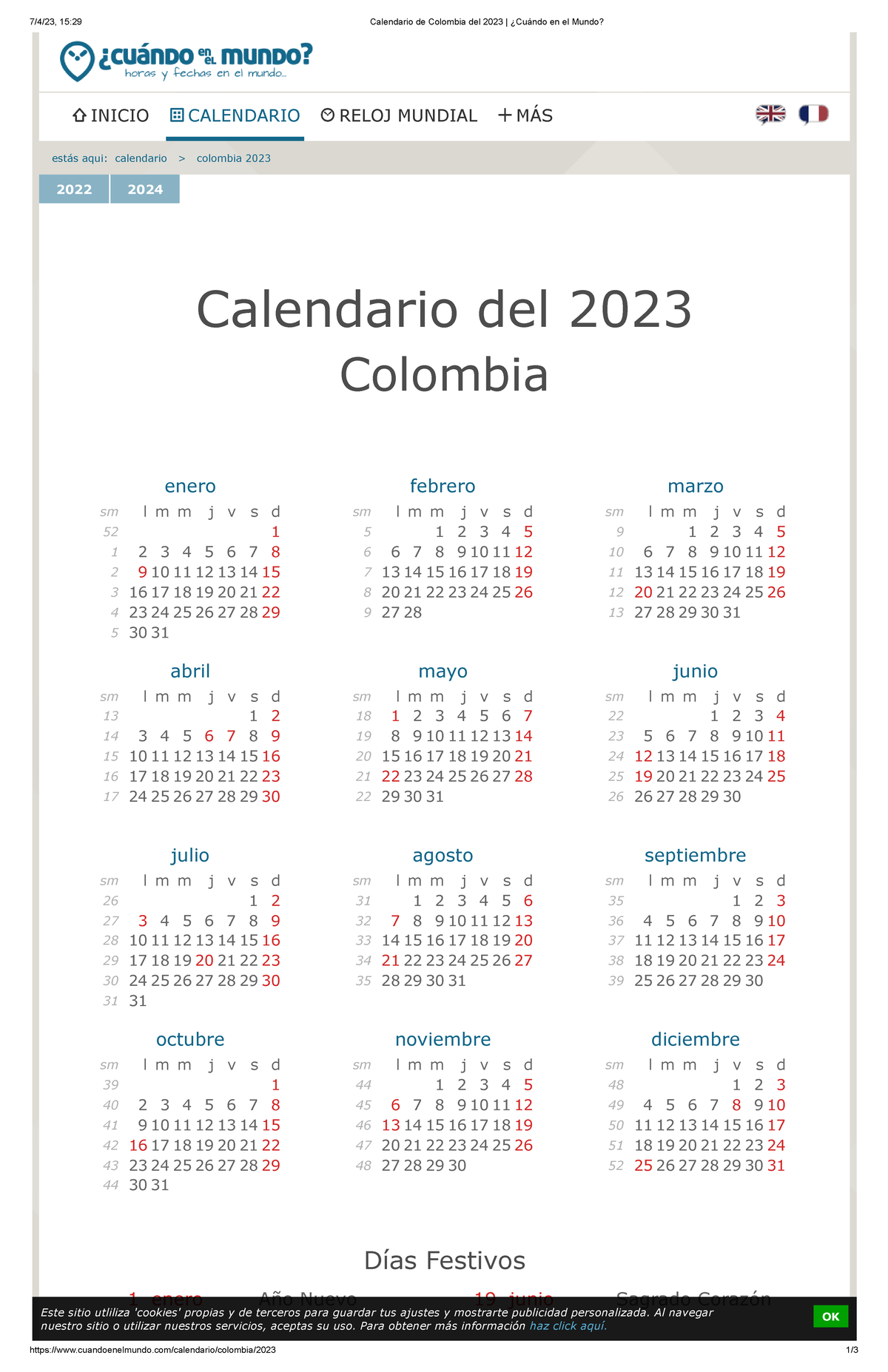 Calendario de Colombia del 2023 ¿Cuándo en el Mundo Al navegar