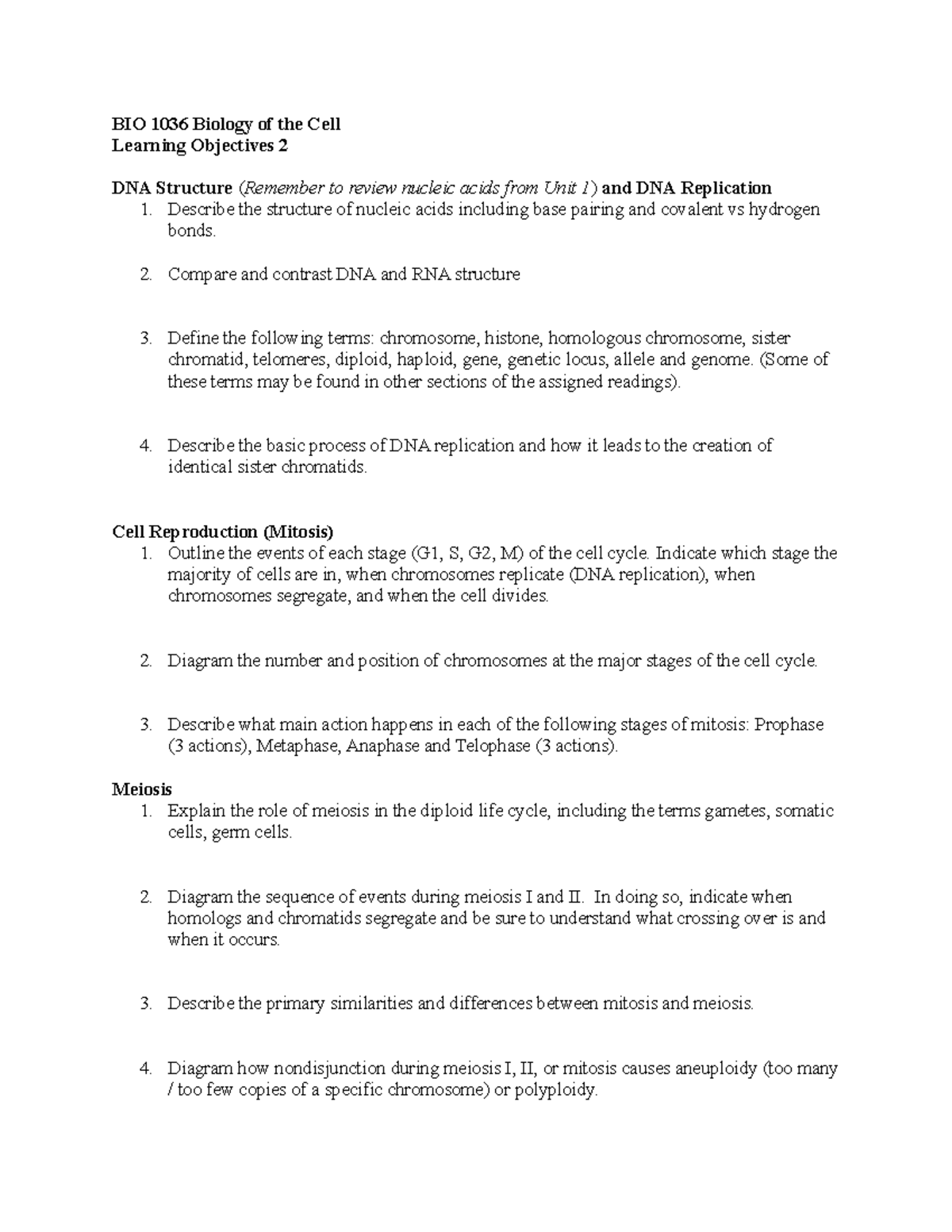 Copy of BIOL 1036 F21 Learning Objectives 2 BIO 1036 Biology of the