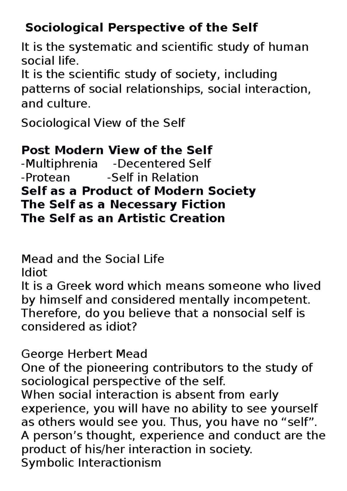 sociological perspective of the self essay brainly