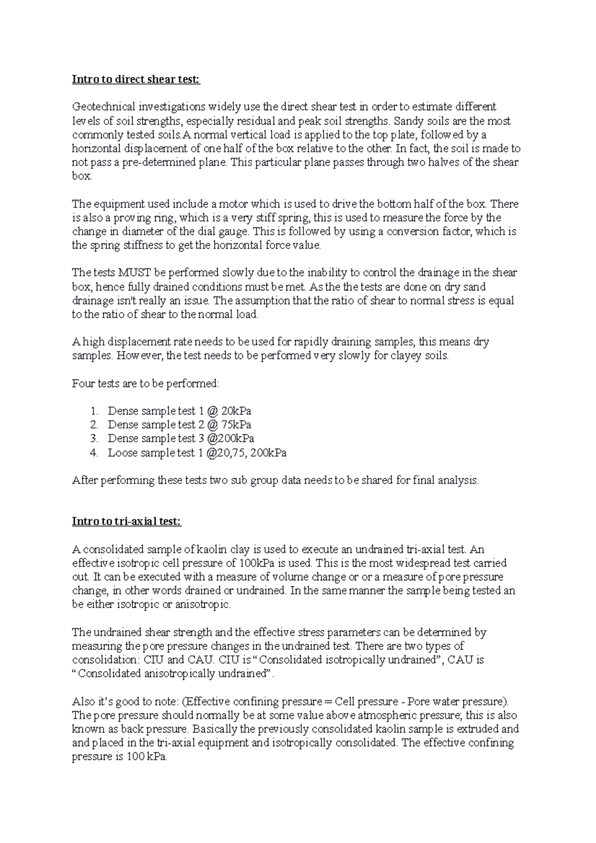 Lab 2 intro 1 Intro to direct shear test Geotechnical investigations widely use the direct