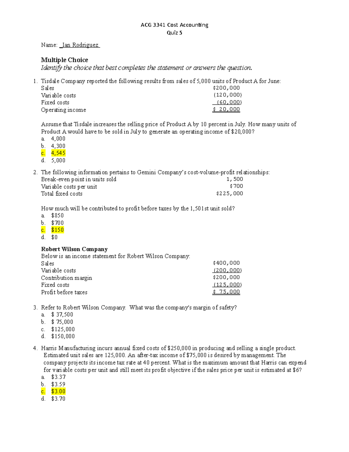 ACG3341 Cost Accounting Quiz 5 Fall - ACG 3341 Cost Accounting Quiz 5 ...