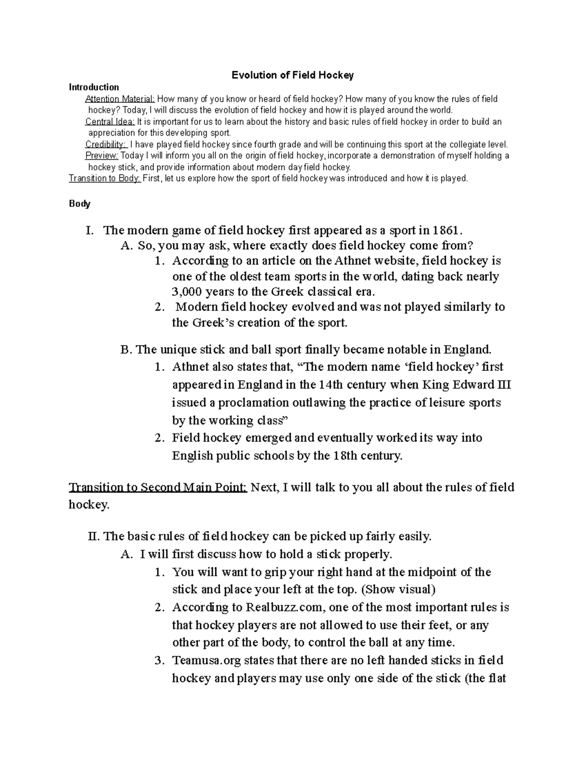 Informative Speech Outline2 Evolution of Field Hockey Introduction