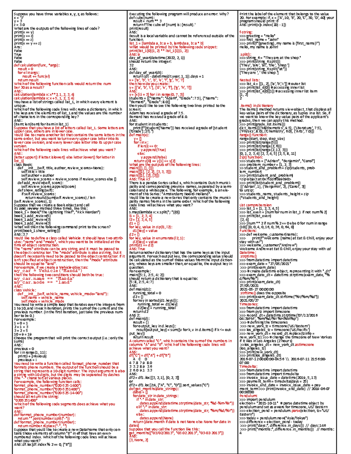 Phyton endterm cheat-sheet - Suppose you have three variables x, y, z ...