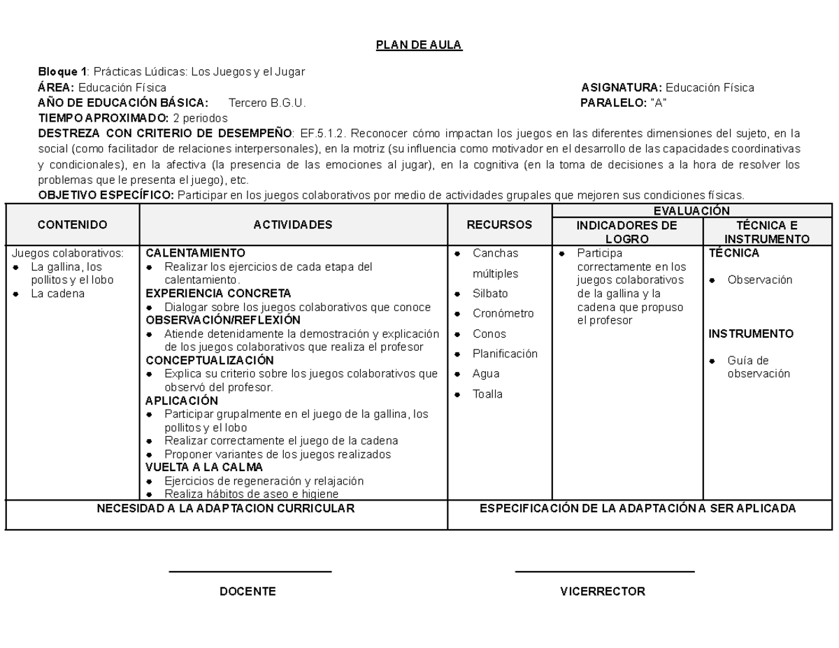 Pdcd En Blanco Ejemplo Plan De Aula Bloque 1 Prácticas Lúdicas Los Juegos Y El Jugar Área 7872