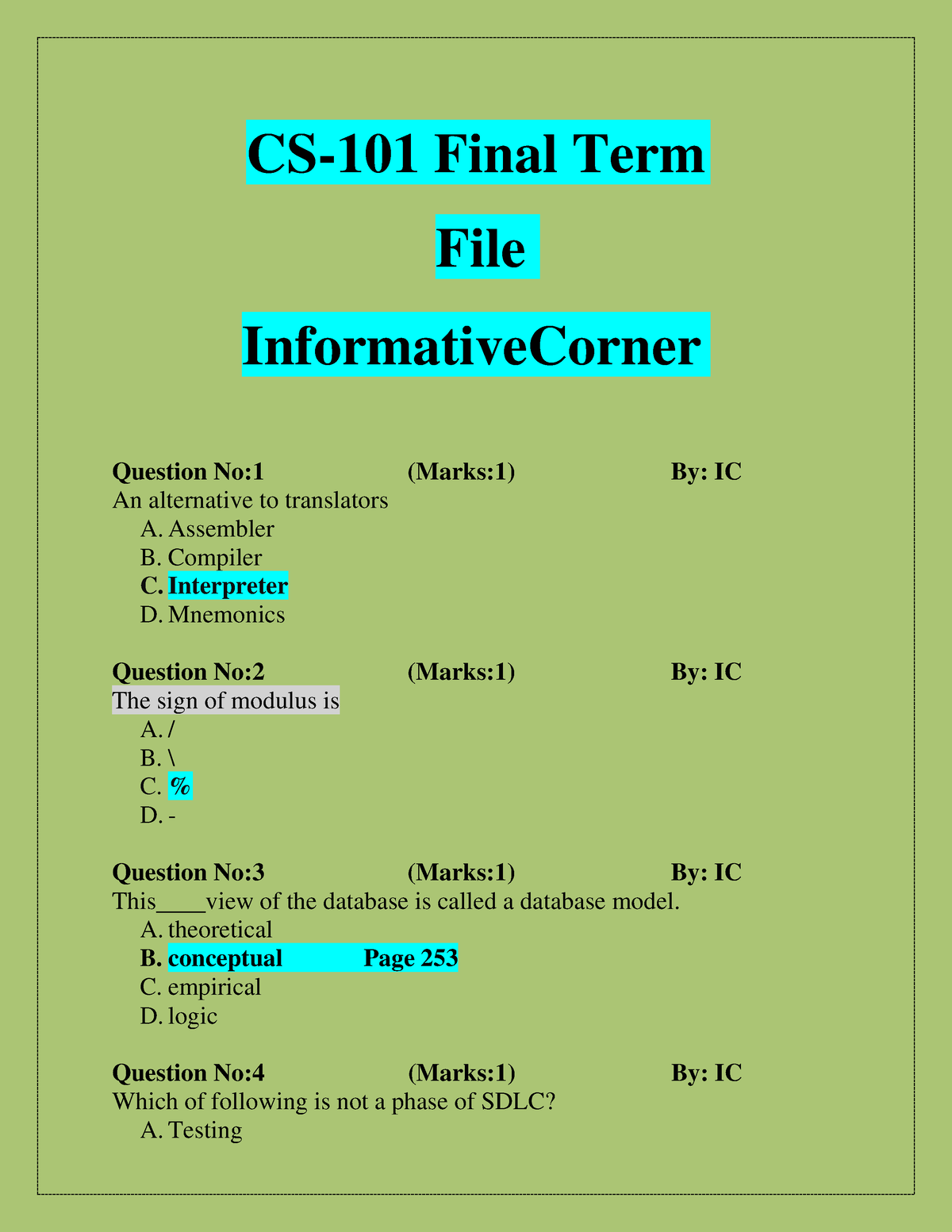 CS101 Quiz-3 By Informative Corner - CS-101 Final Term File ...