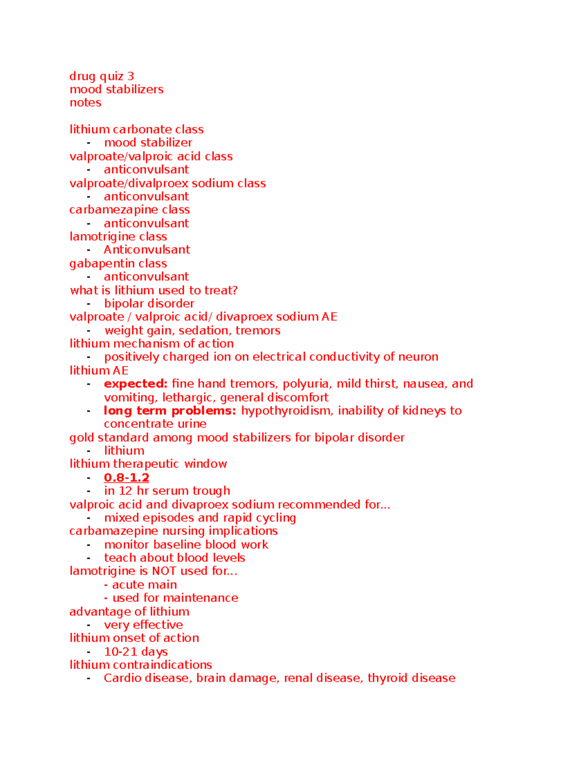 Drug quiz 3 mood stabilizer drug notes drug quiz 3 key points drug