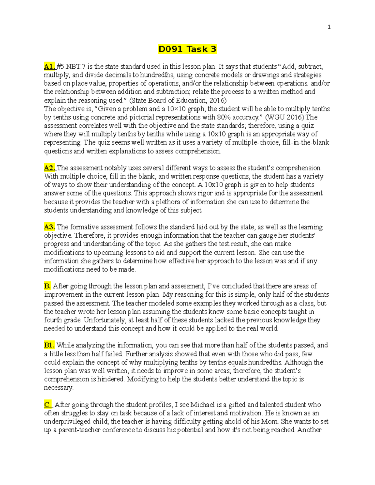 D091 Task 3 final - Introduction to Curriculum, instruction, and ...