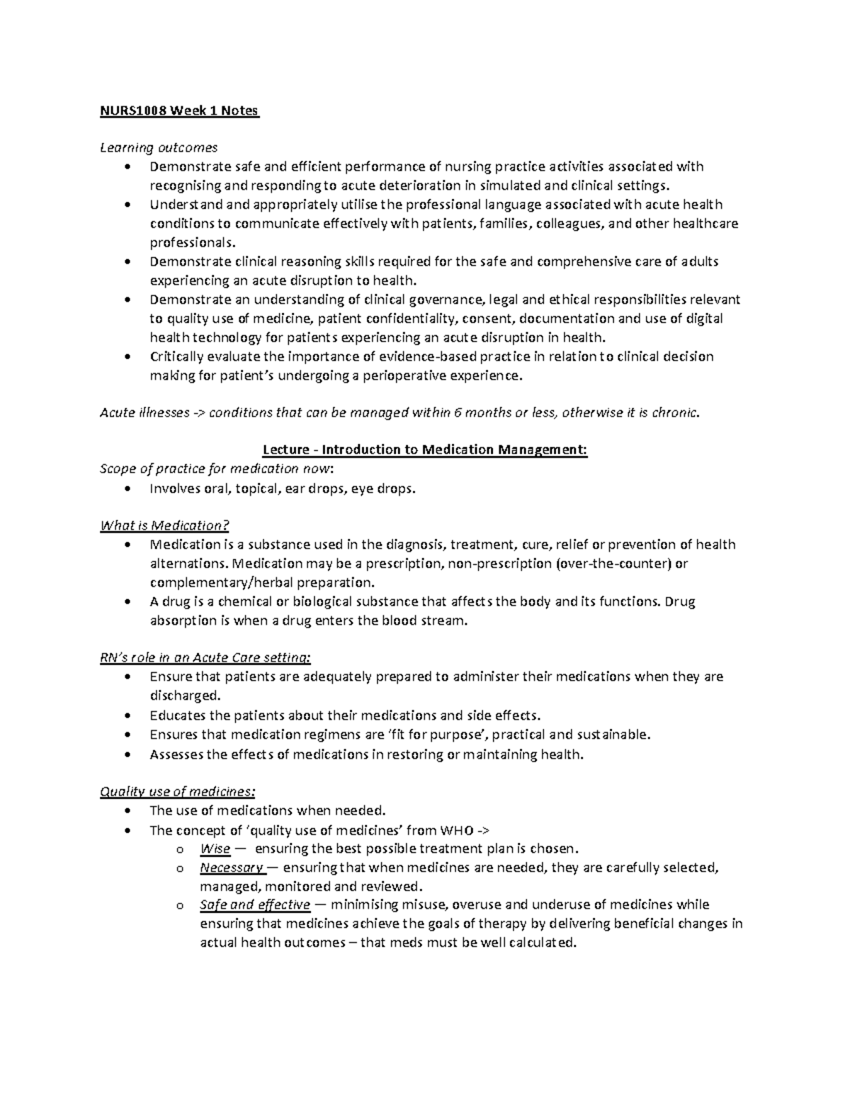 1008 Week 1 Notes - NURS1008 Week 1 Notes Learning outcomes ...