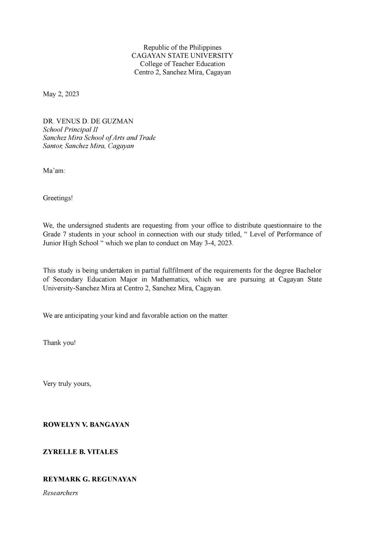 Letter - hi - CAGAYAN STATE UNIVERSITYRepublic of the Philippines ...