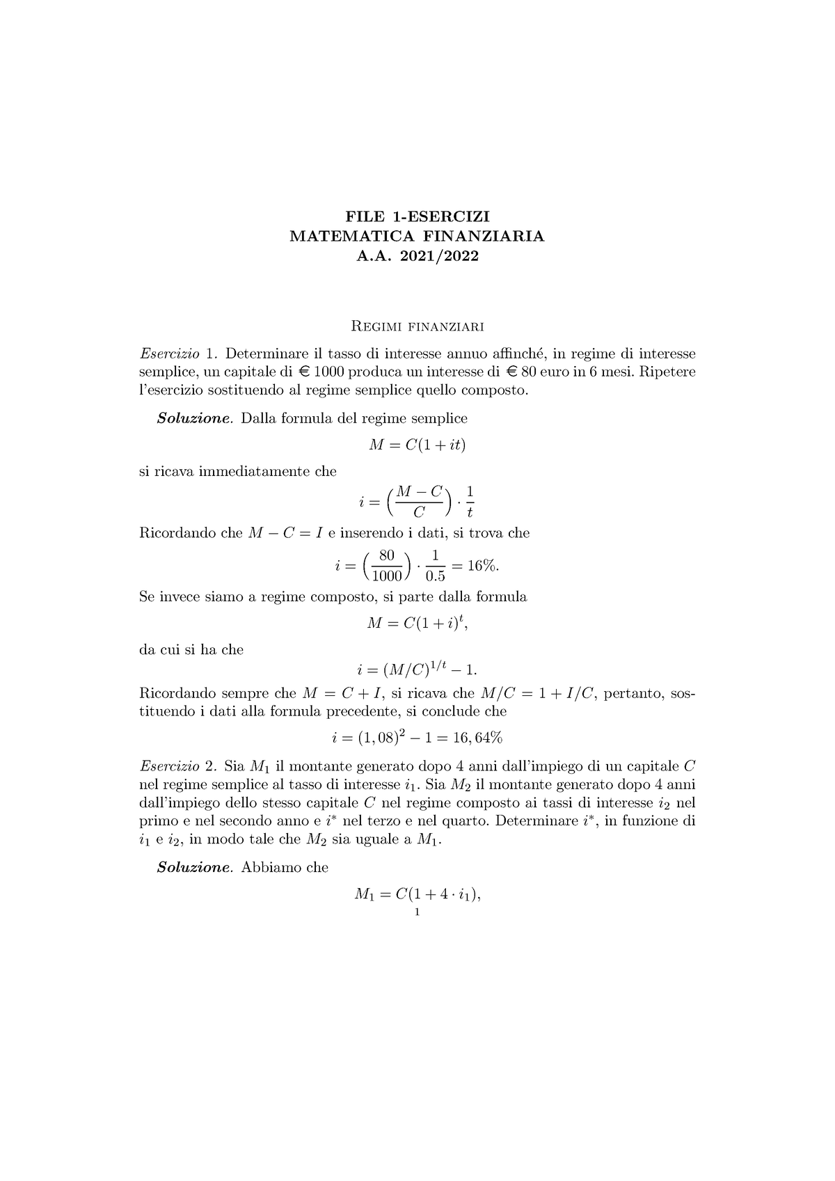 Esercizi 1 - FILE 1-ESERCIZI MATEMATICA FINANZIARIA A. 2021/ Regimi ...