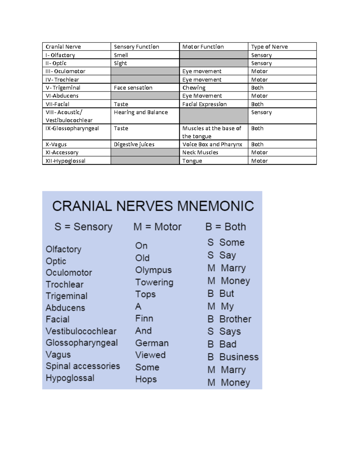 Cranial Nerve chart - N , HNJ. ,JK.KJ J - Cranial Nerve Sensory ...