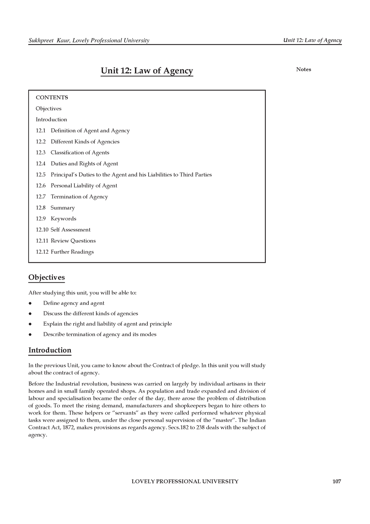 Commercial Law Chapter 12 - Unit 12: Law Of Agency Notes Unit 12: Law ...