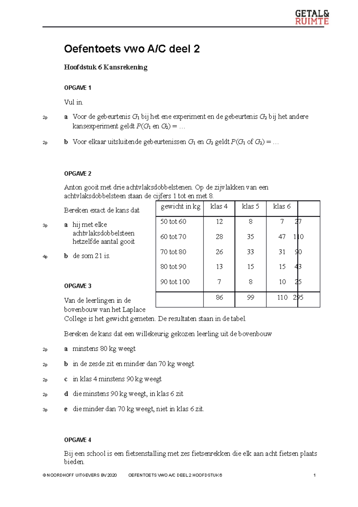 Oefentoets H6 - Oefentoets Vwo A/C Deel 2 Hoofdstuk 6 Kansrekening ...