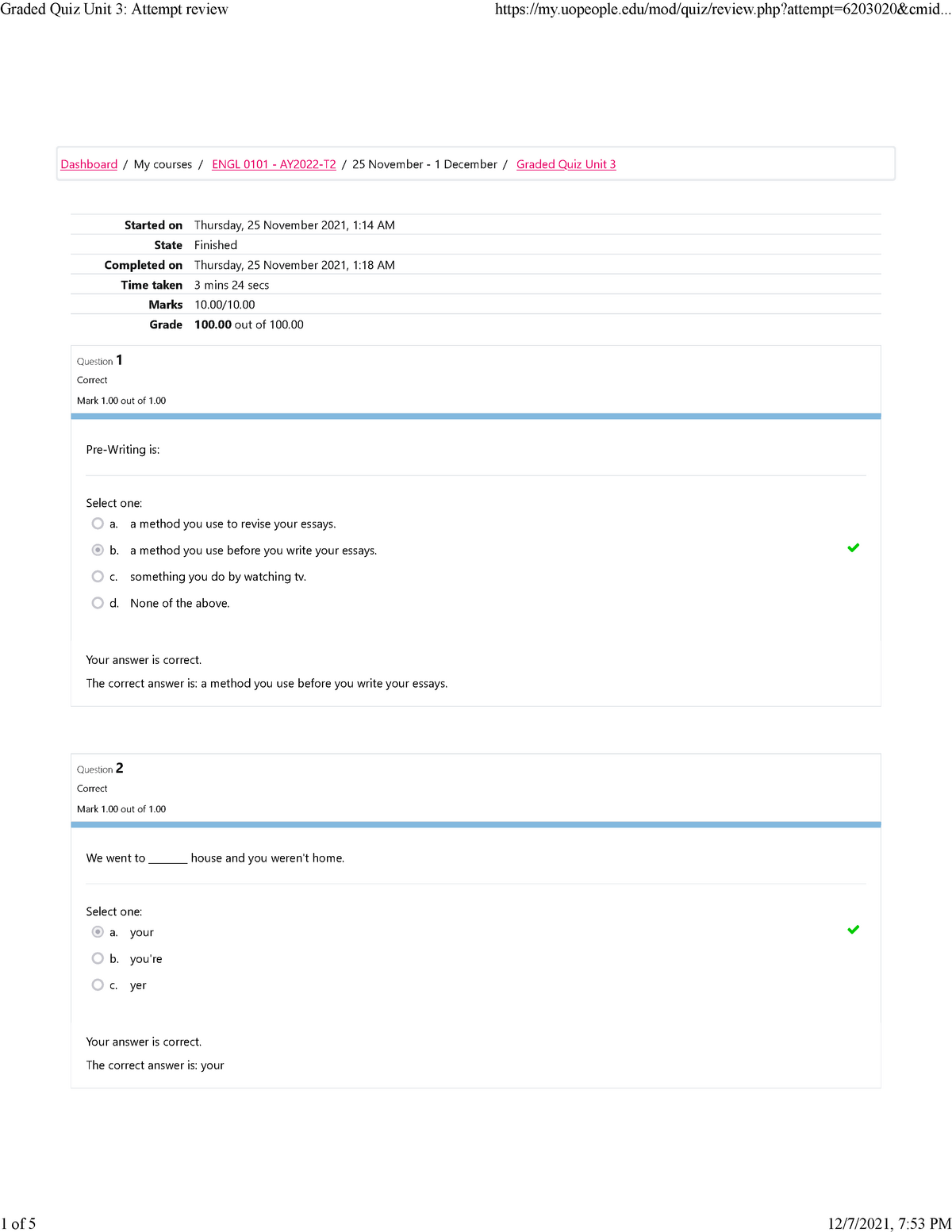 Graded Quiz Unit 3 Attempt Review - Started On Thursday, 25 November ...