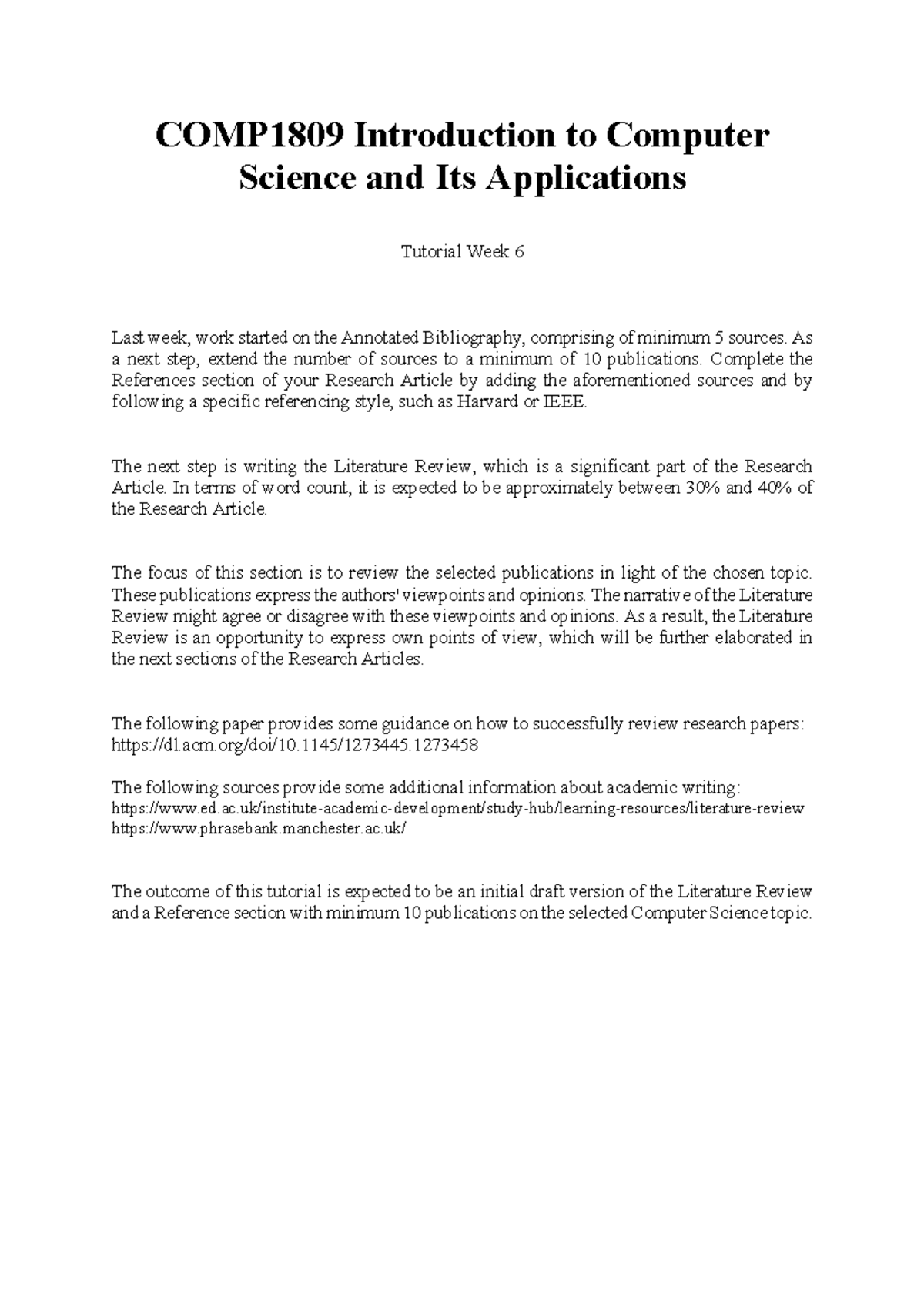 Week6 - notes - COMP1809 Introduction to Computer Science and Its ...
