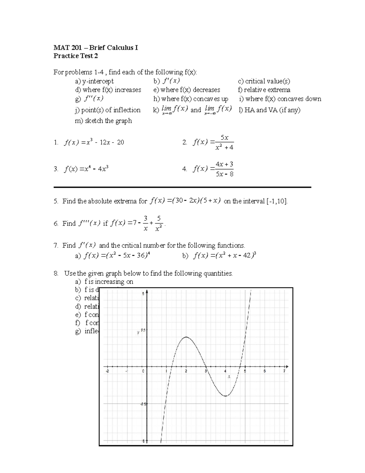 MATH201briefcalculus MAT 201 Brief Calculus I Practice Test 2 For