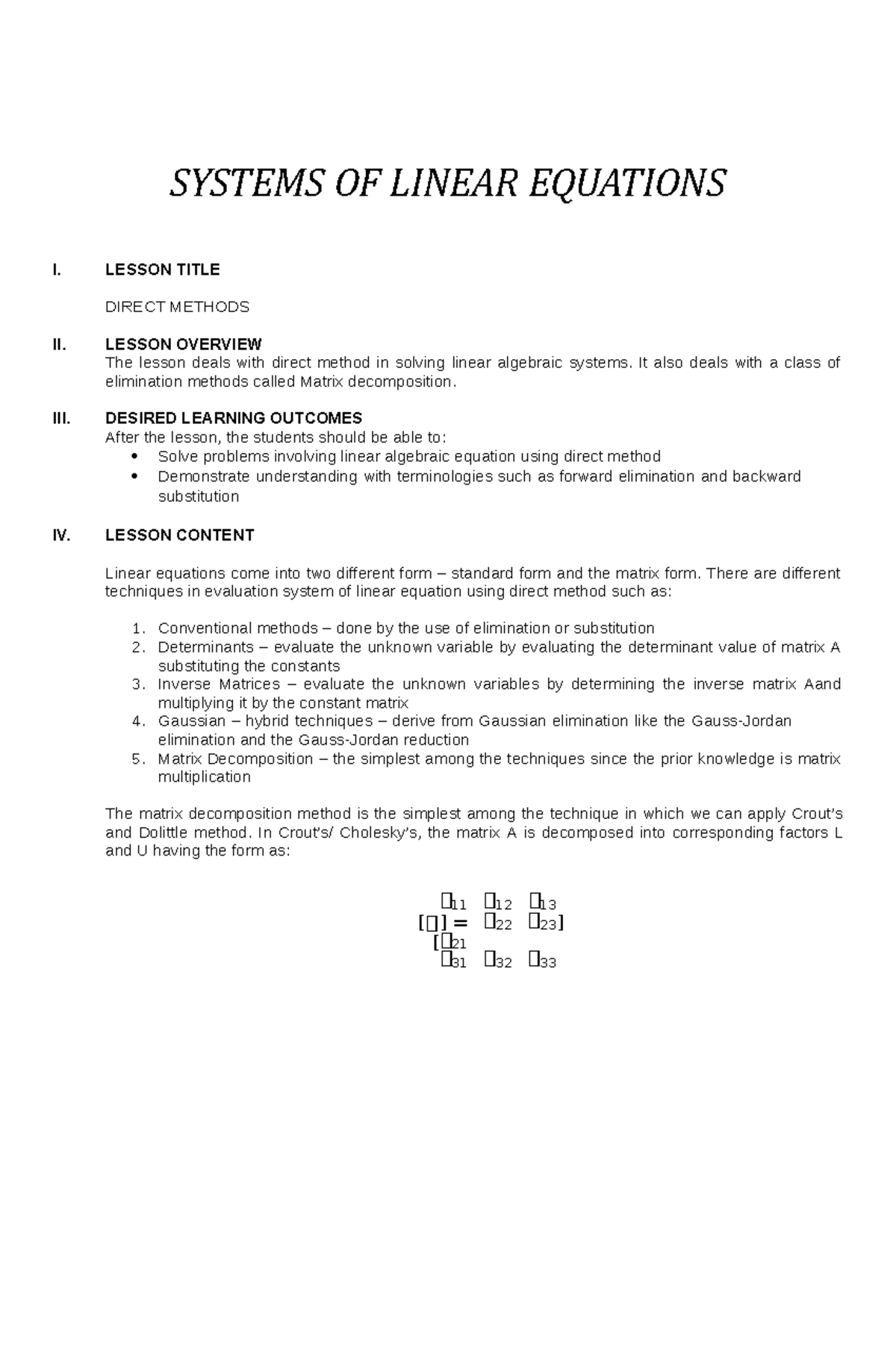 Module 4- Systems OF Linear Equations - SYSTEMS OF LINEAR EQUATIONS I ...