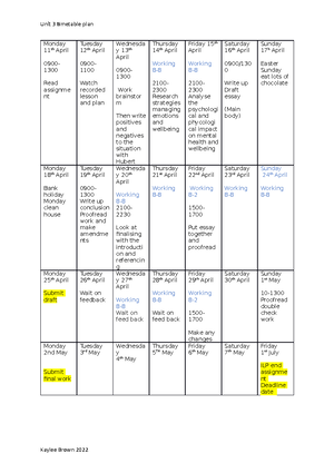 Assignment Timetable Approach - Sunday Monday Tuesday Wednesday ...