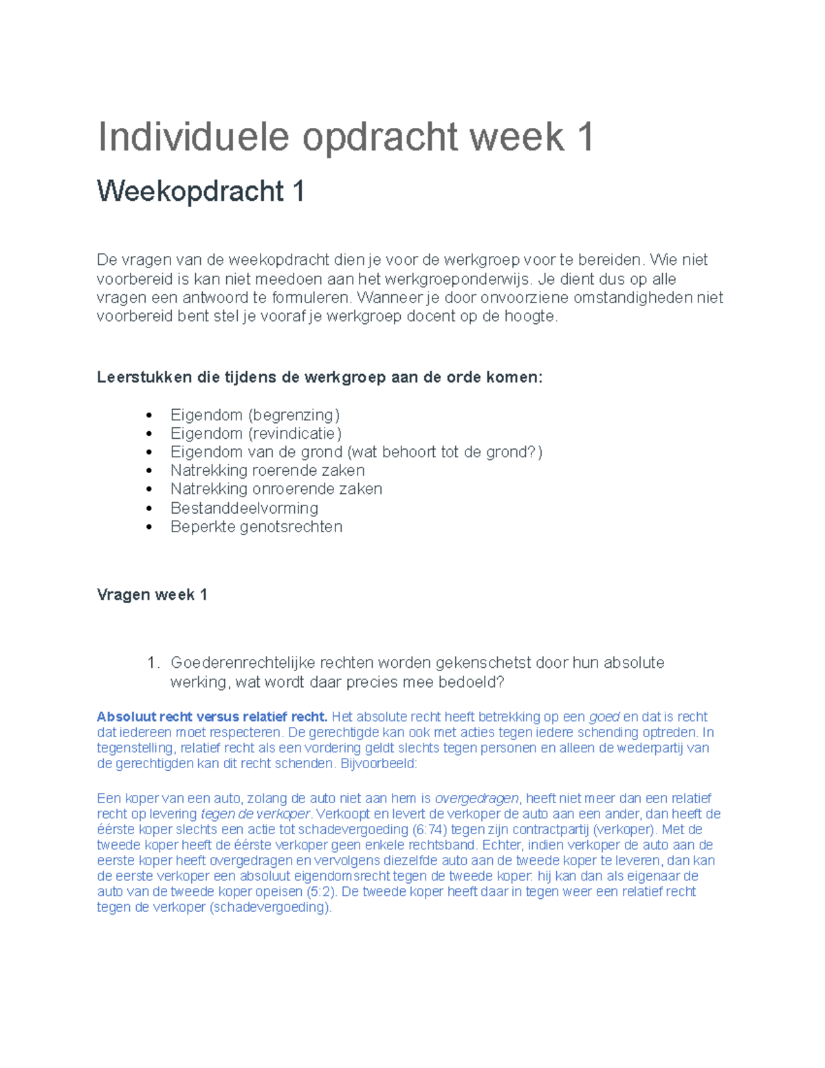 Werkgroepopdracht Week 1 Goederenrecht - UvA - Studeersnel