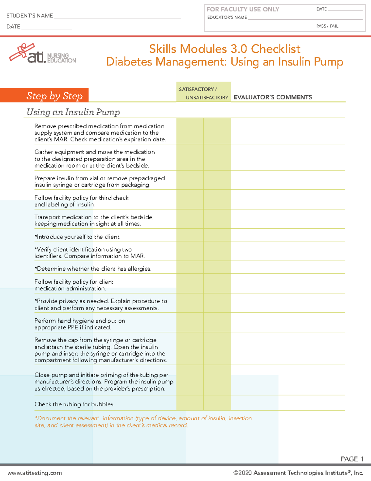 Ati Diabetes Mellitus Management Using an insulin pump checklist