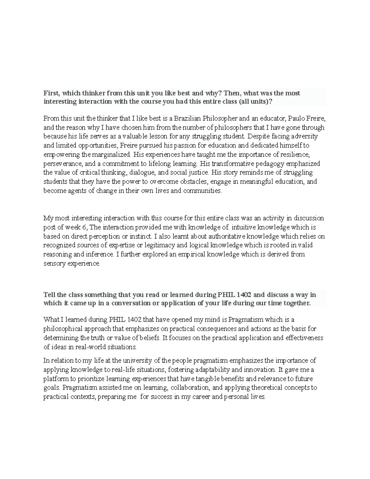 Discussion 7 Philosophy - PHIL 1402 - UoPeople - Studocu