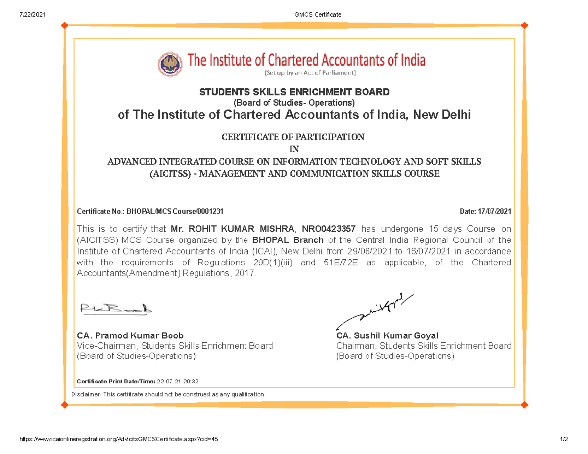 GMCS Certificate - FOR EXAM - 7/22/2021 GMCS Certificate - Studocu