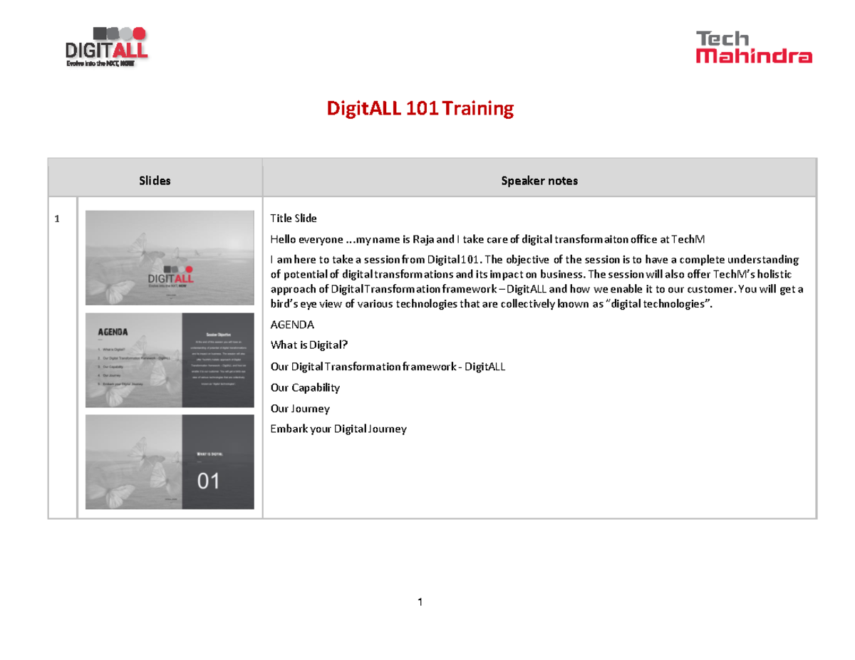 Tech M Digit ALL 101 Speaker Notes - DigitALL 101 Training Slides ...