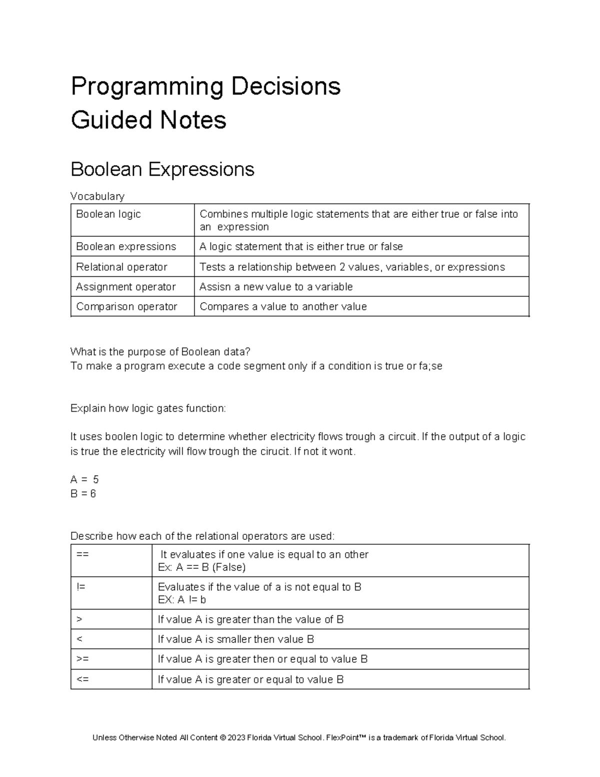 Guided notes 05 programming decisions - Programming Decisions Guided ...