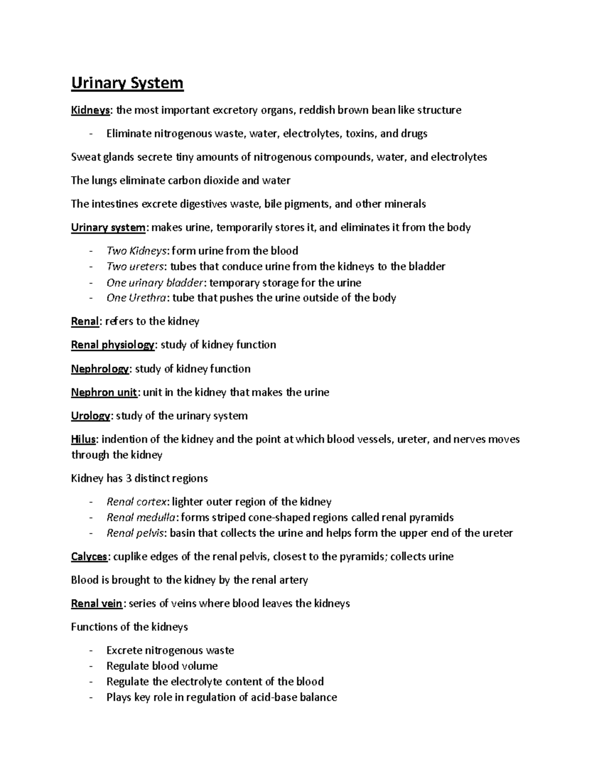Urinary System - Notes - Urinary System Kidneys: the most important ...