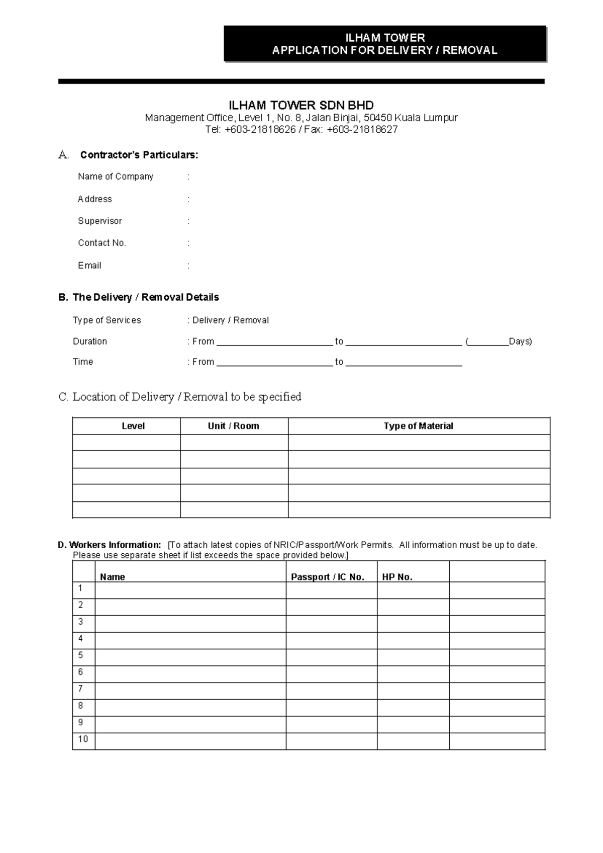 Form - Delivery and Removal - ILHAM TOWER APPLICATION FOR DELIVERY ...