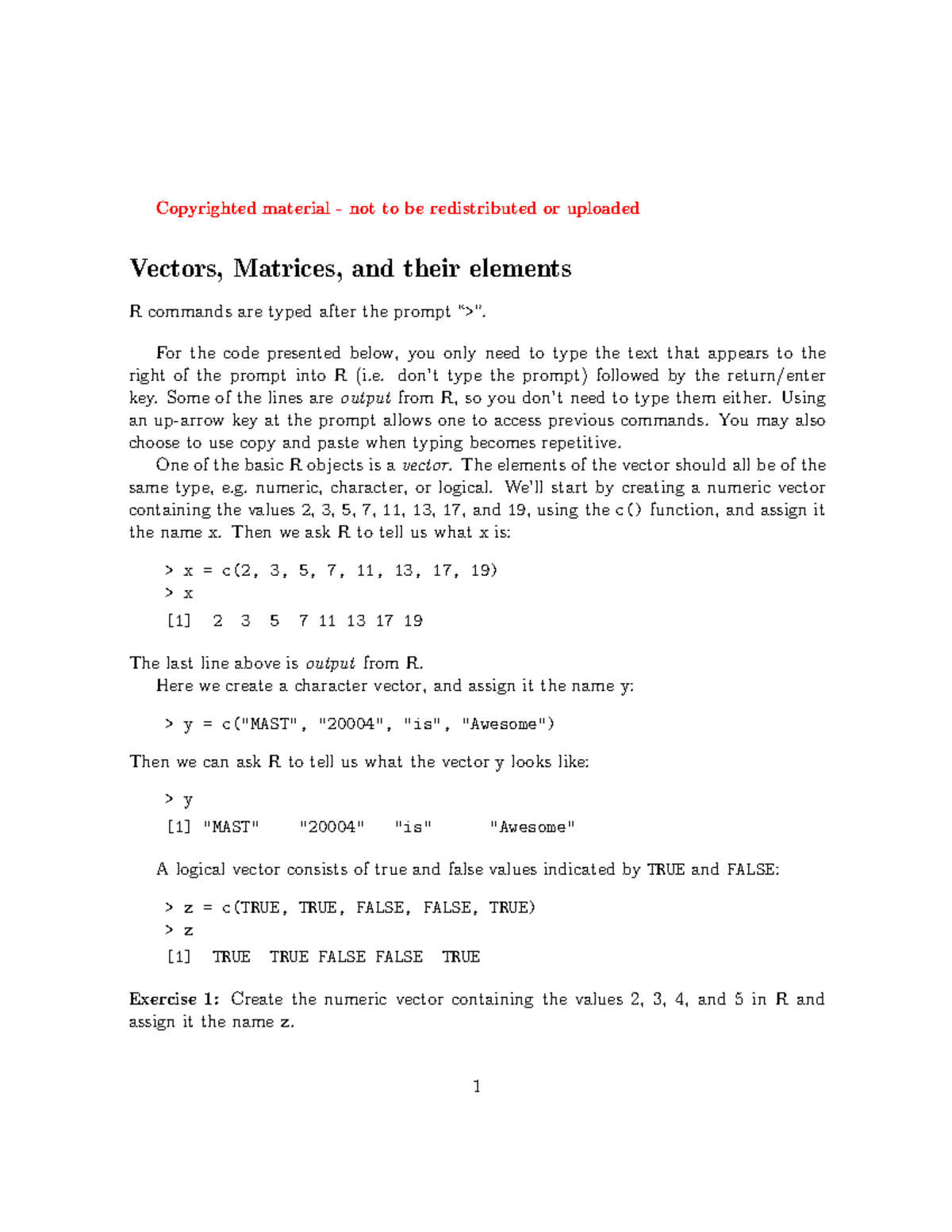 R studio practice - Copyrighted material - not to be redistributed or ...