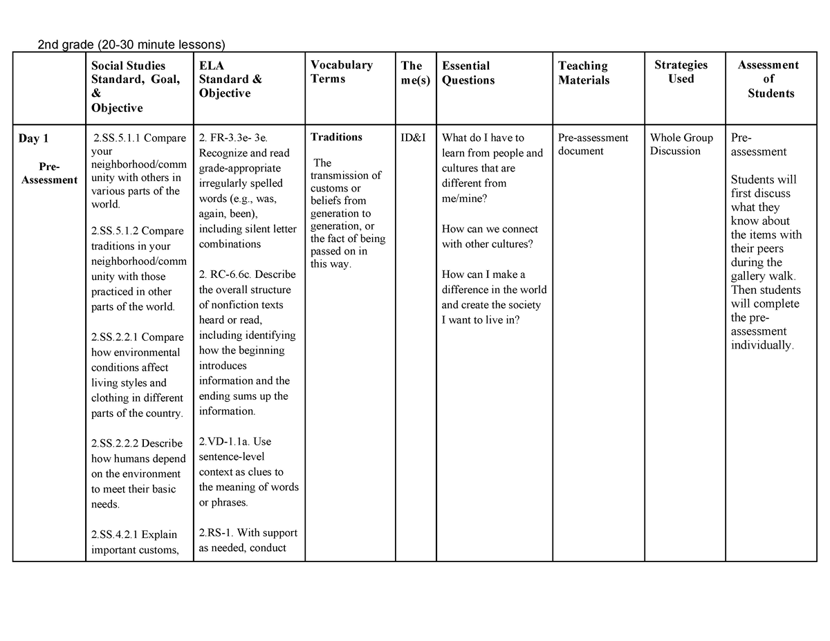 Unit plan -1 - unit project progress - 2nd grade (20-30 minute lessons ...