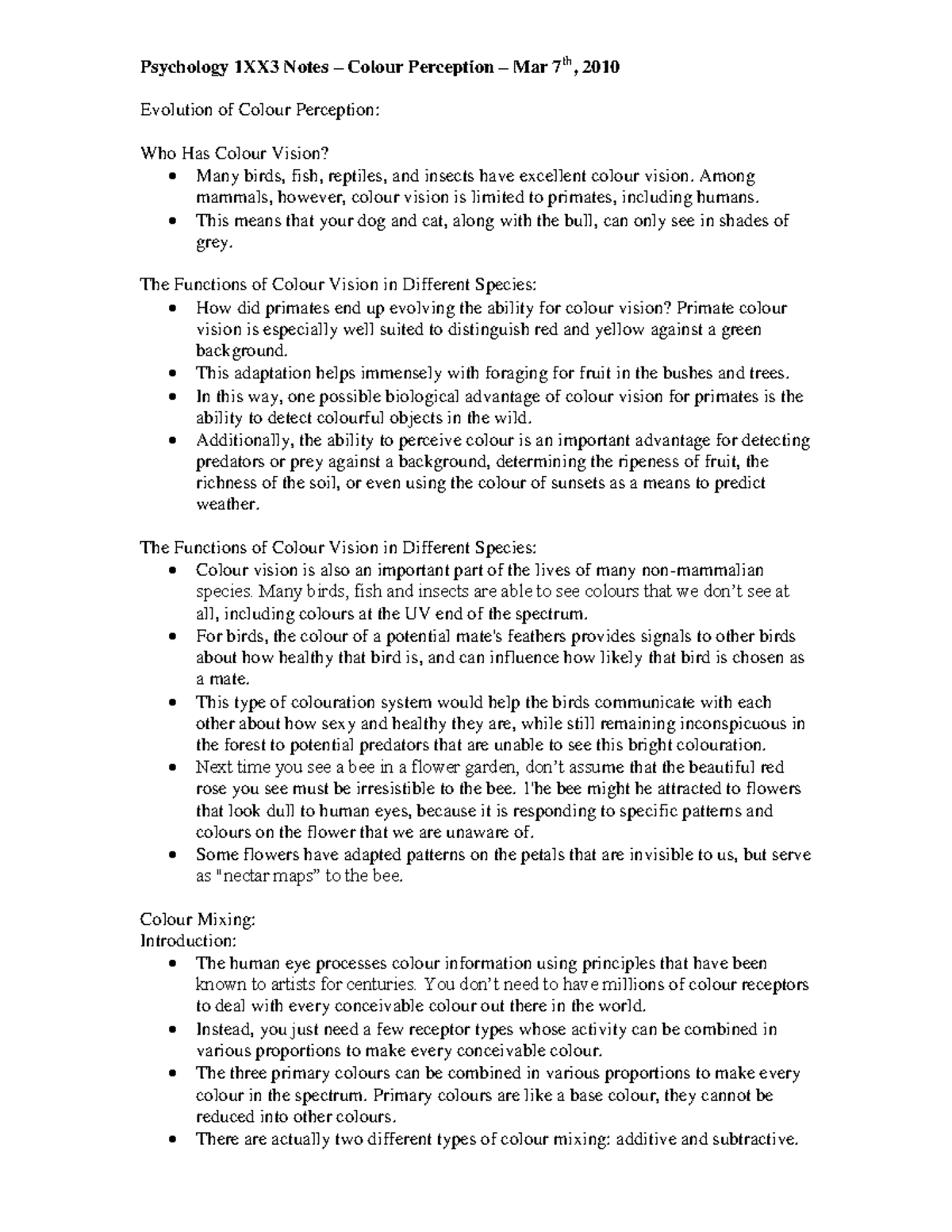Lecture notes, Colour Perception - Psychology 1XX3 Notes – Colour ...