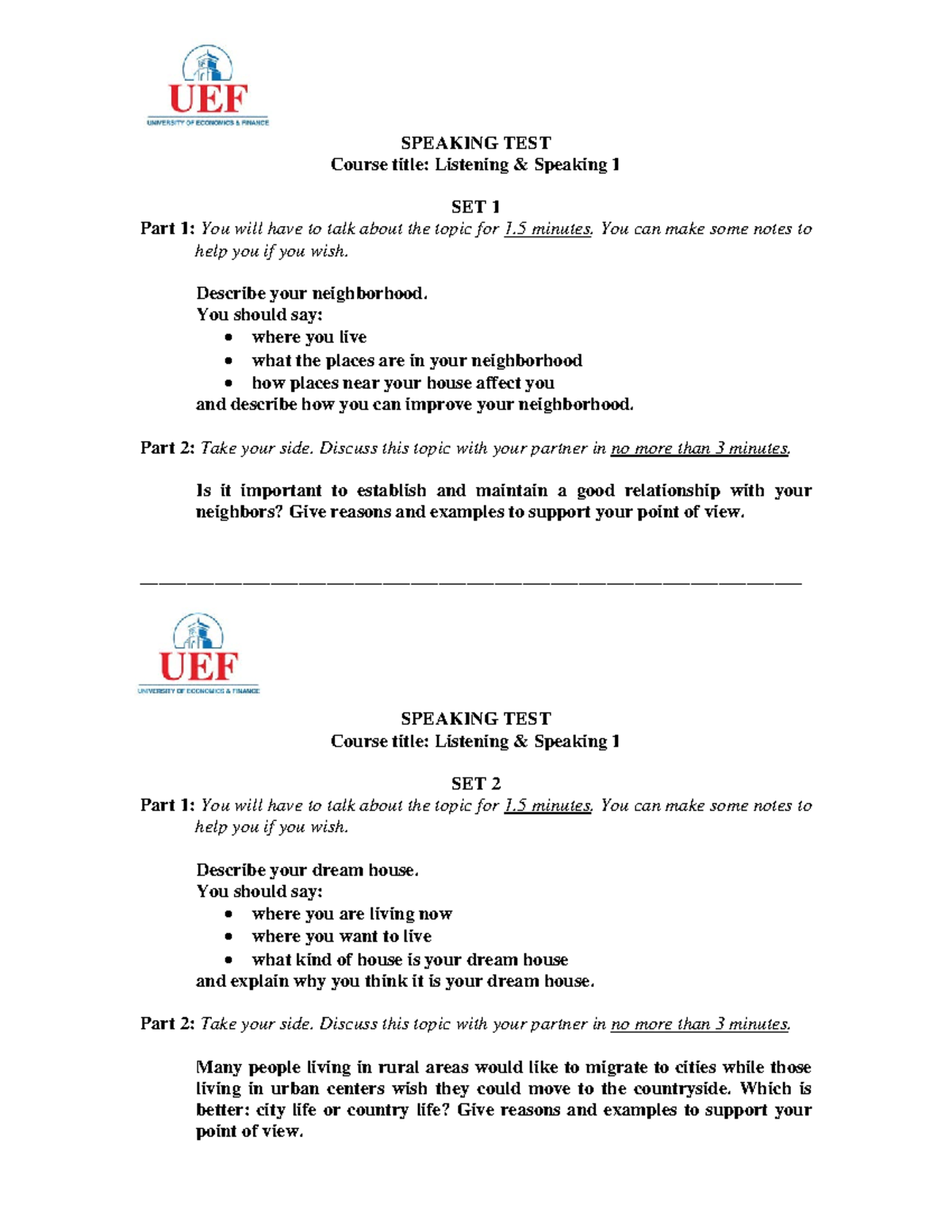 Listening Speaking 1 Test Sets Course title Listening & Speaking 1