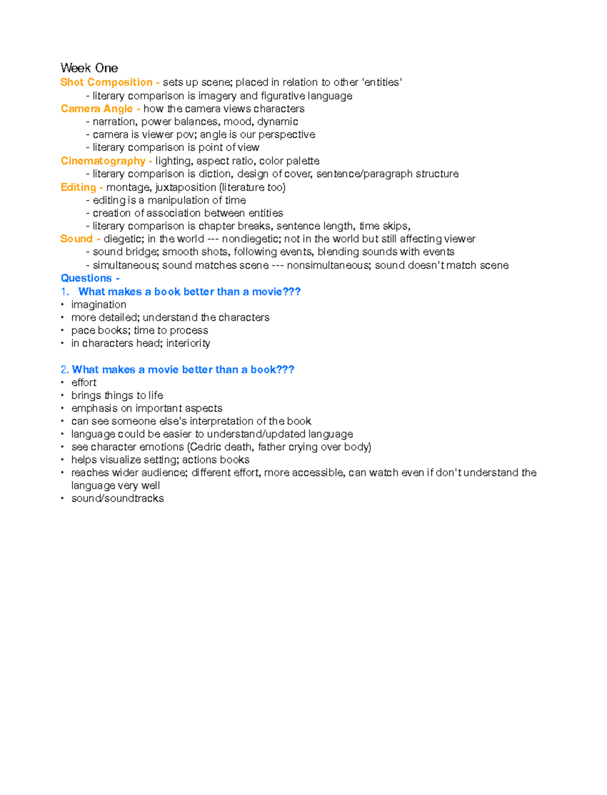 English Notes - Week One Shot Composition - sets up scene; placed in ...