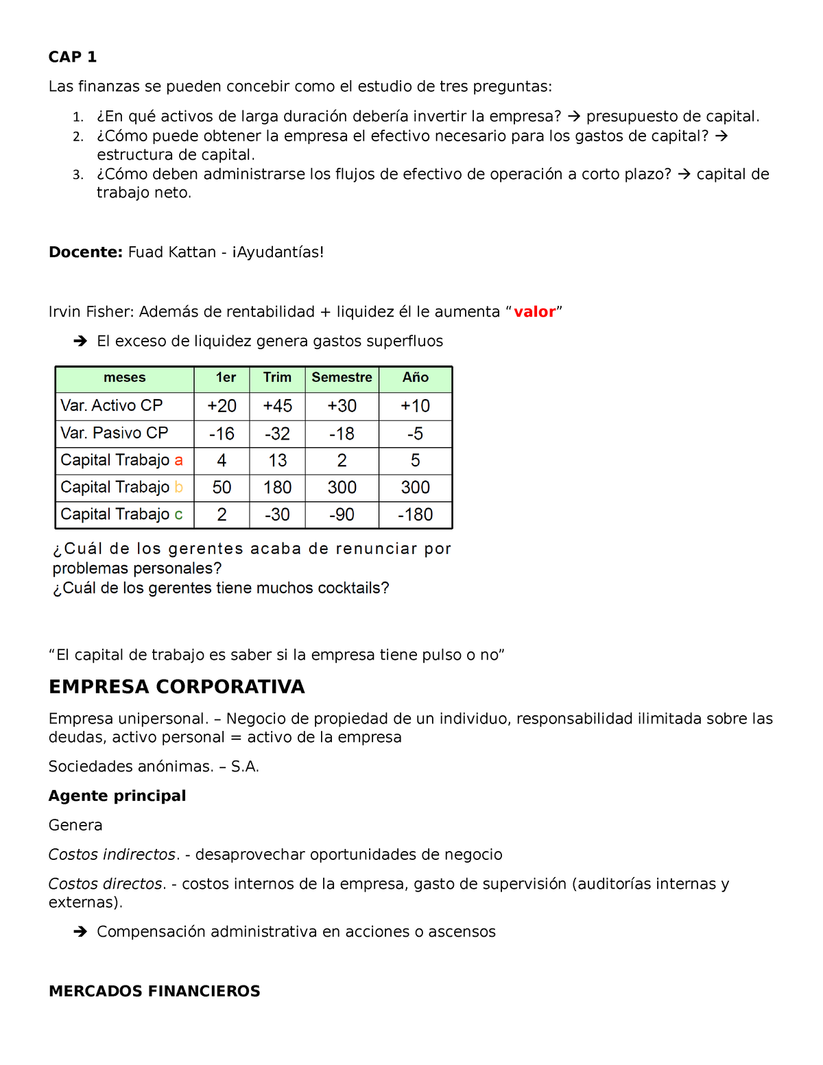 Apuntes Finanzas Corporativas ROSS Capitulos 1 Al 4 - CAP 1 Las ...