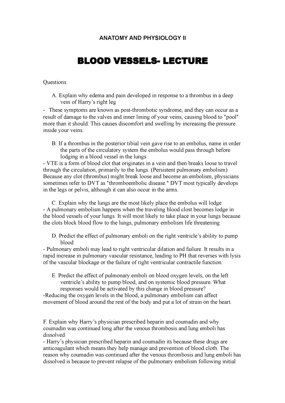 Blood Vessels Lecture Activity - ANATOMY AND PHYSIOLOGY II BLOOD ...