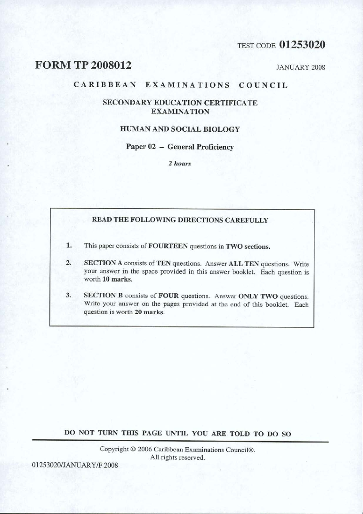 CSEC Human and Social Biology January 2008 P2 - TEST CODE 01253020 FORM ...