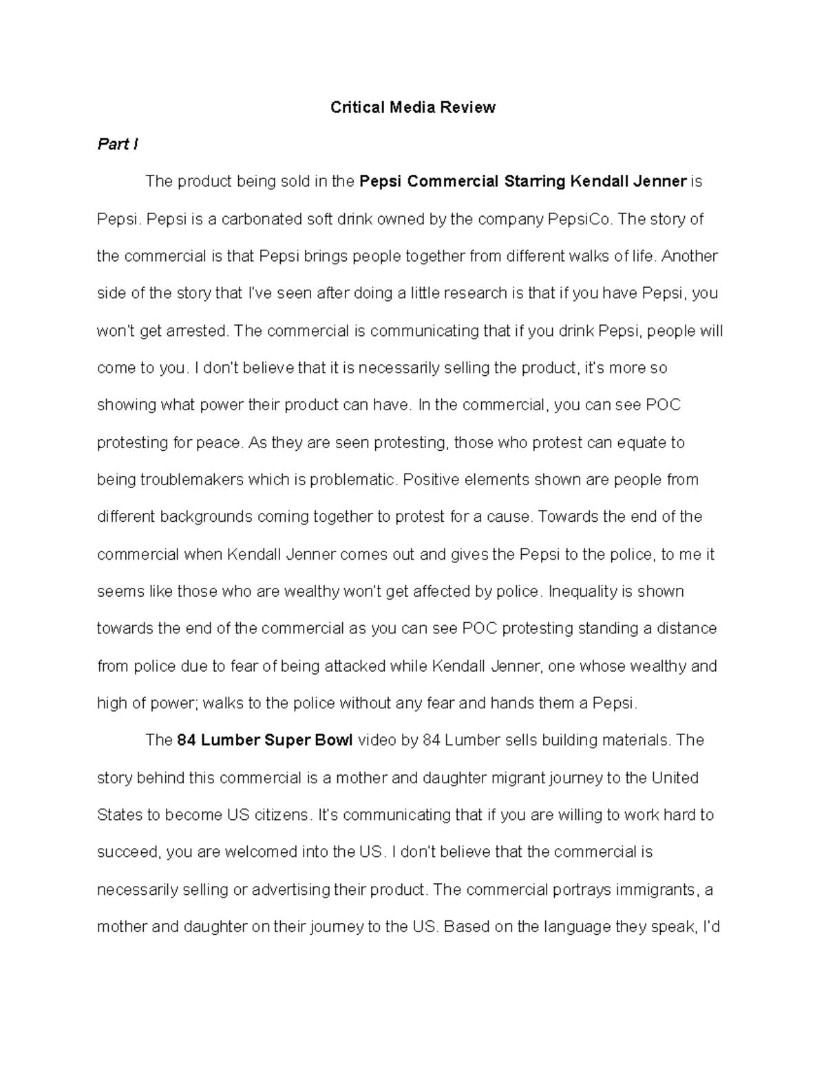 Critical Media Review Business Project Critical Media Review Part I