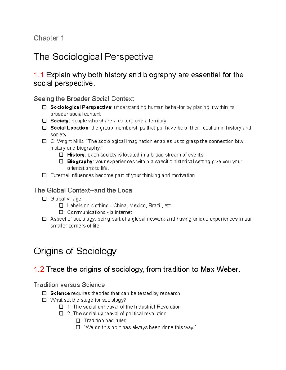 Sociology Chapter 1 Notes - Chapter 1 The Sociological Perspective 1 ...