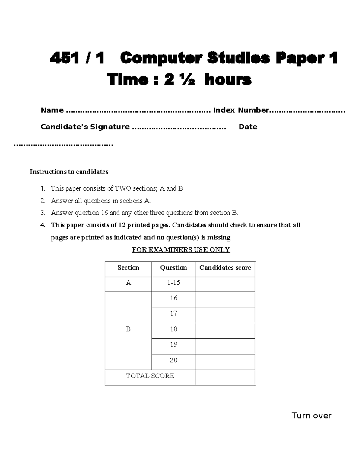 Computer Studies Pp1 Series 2 - 451 / 1 Computer Studies Paper 1 Time ...
