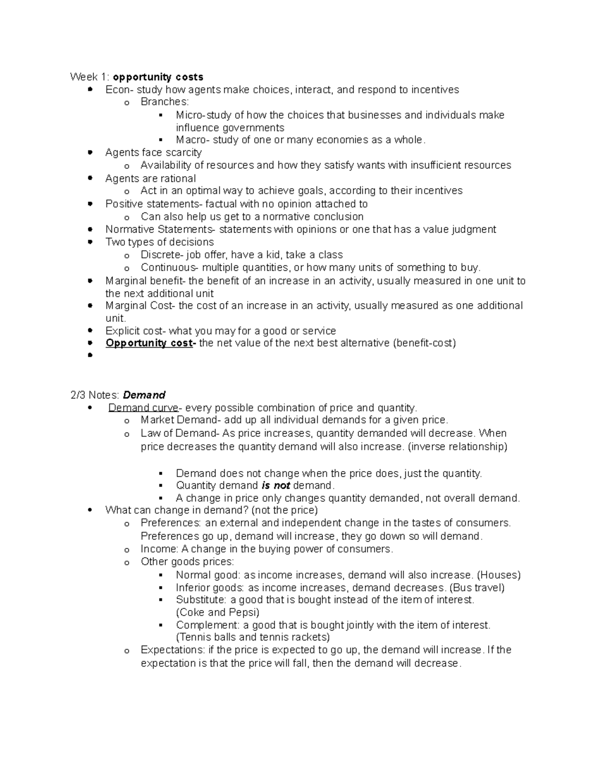 Mirco econ notes - Week 1: opportunity costs Econ- study how agents ...
